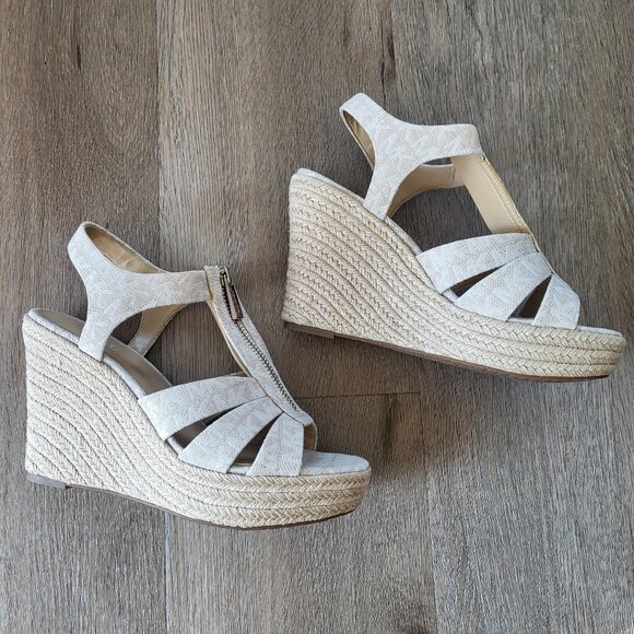 Michael Kors Berkley Platform Wedge Sandal MK Logo Cream Canvas Size 7 - Picture 1 of 16